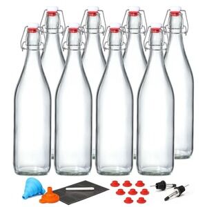 Swing Top Glass Bottles W/ Airtight Stopper Lids - 8 Pack [1 L / 33 Fl. Oz.]